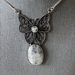 925 Silver Plated Geniune Rainbow Moonstone Butterfly Pendant Necklace